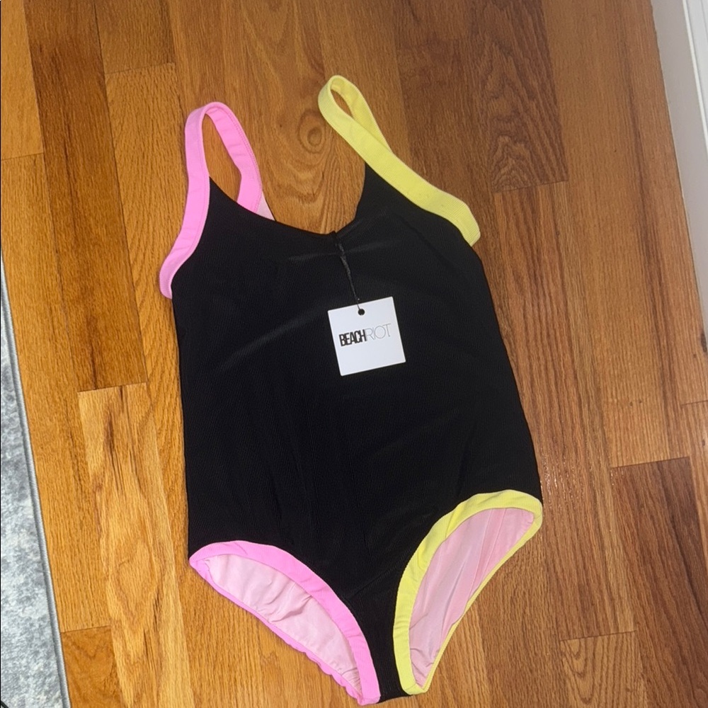 Beach Riot Black Linda One-Piece with Pink and Yellow Trim